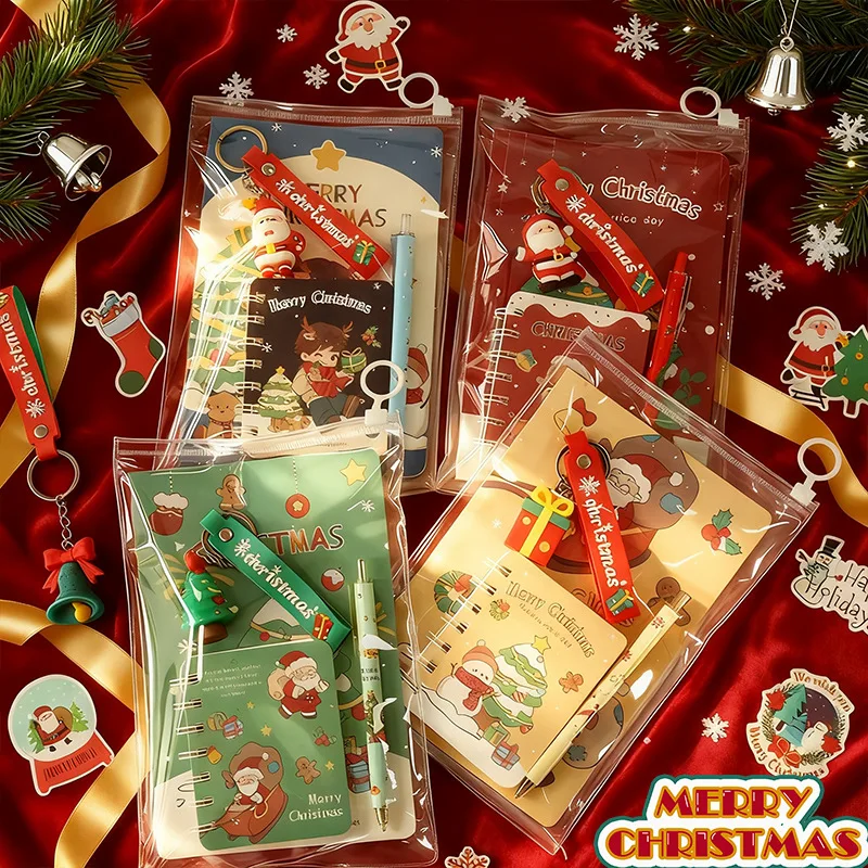 1Set Christmas Stationery Set with Keychain Student Writing Tool Pen Note Pad Holiday Learning Gifts Cartoon SantaClaus Notebook