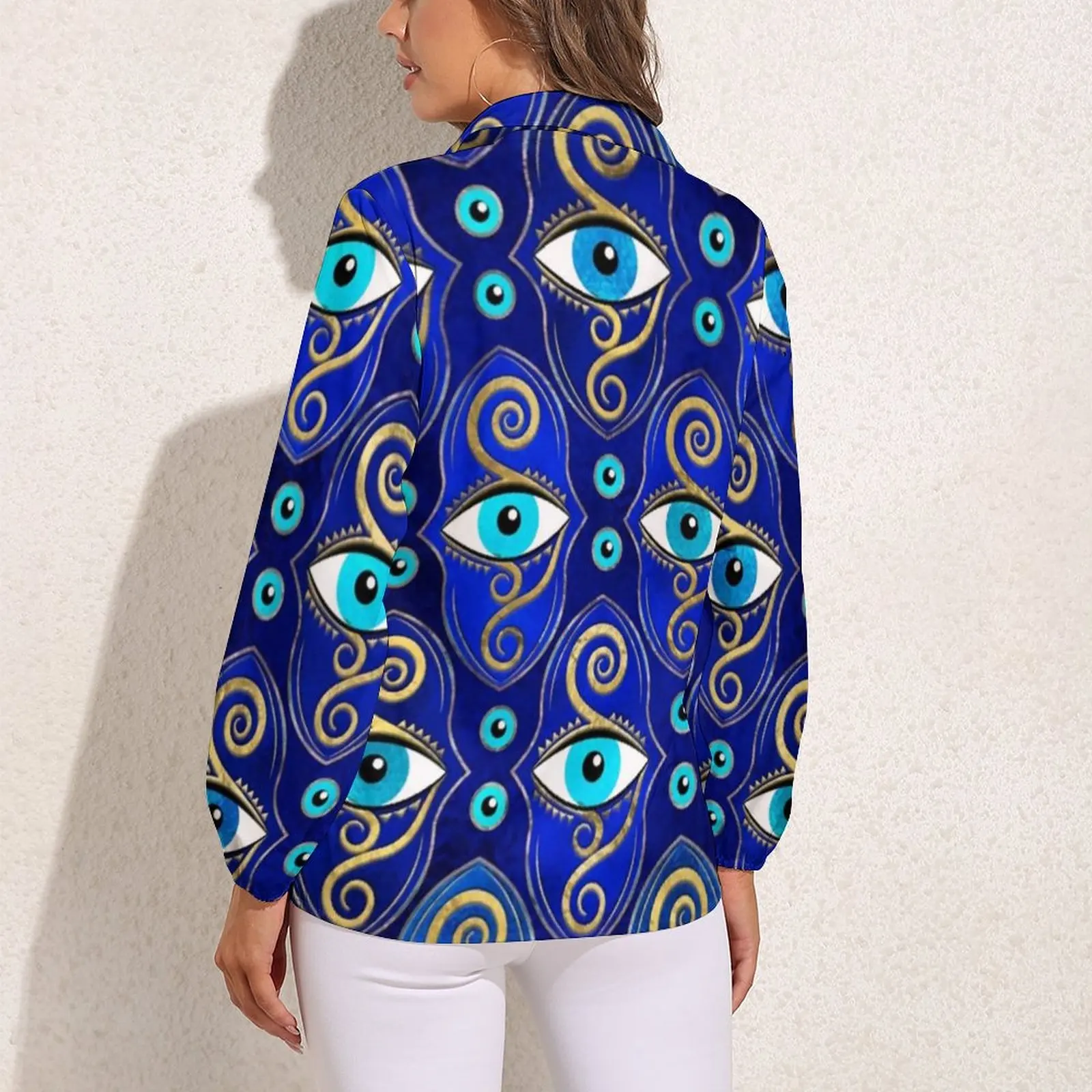 Evil Eye Charm Loose Blouse Greek Eyes Mati Amulet Casual Oversize Blouses Women Long-Sleeve Cute Shirts Autumn Print Clothing