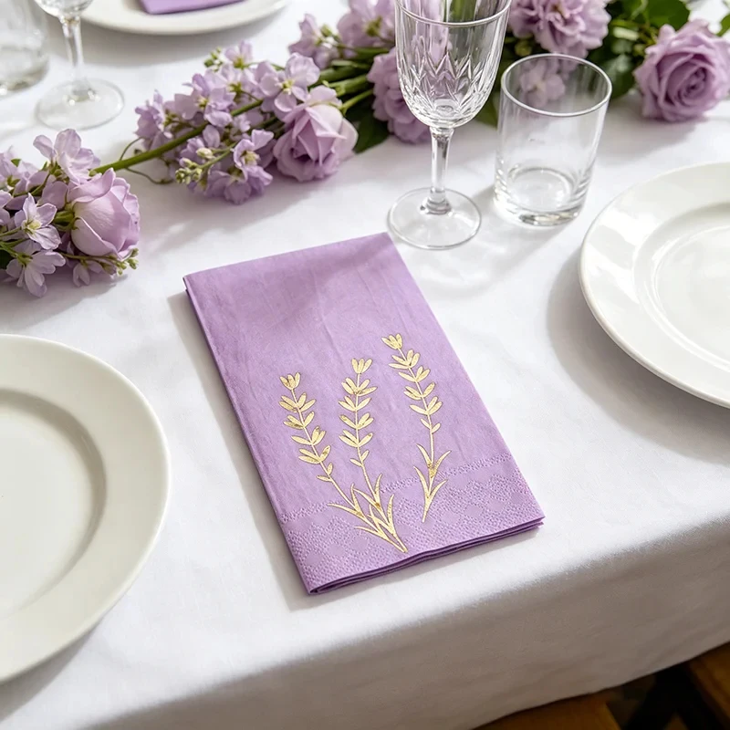 100 serviettes de table jetables en papier, couleur lilas lavande avec feuille d'or, pour douche nuptiale, mariage, décoration de table