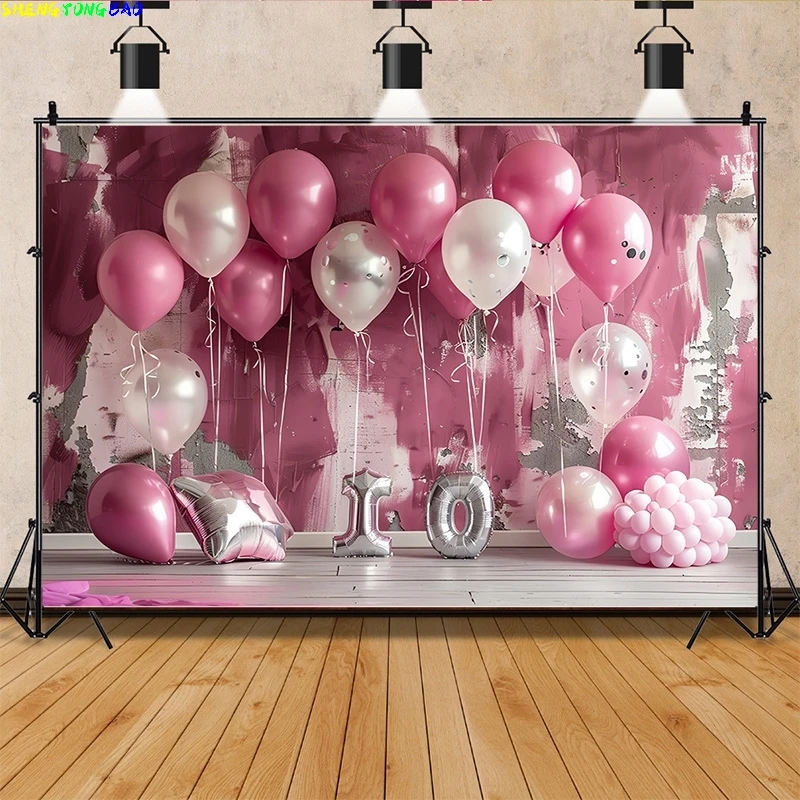 

Happy Birthday Photography Background Number Pink Bear doll Hydrogen balloon Floral Baby Party Backdrops SR-80