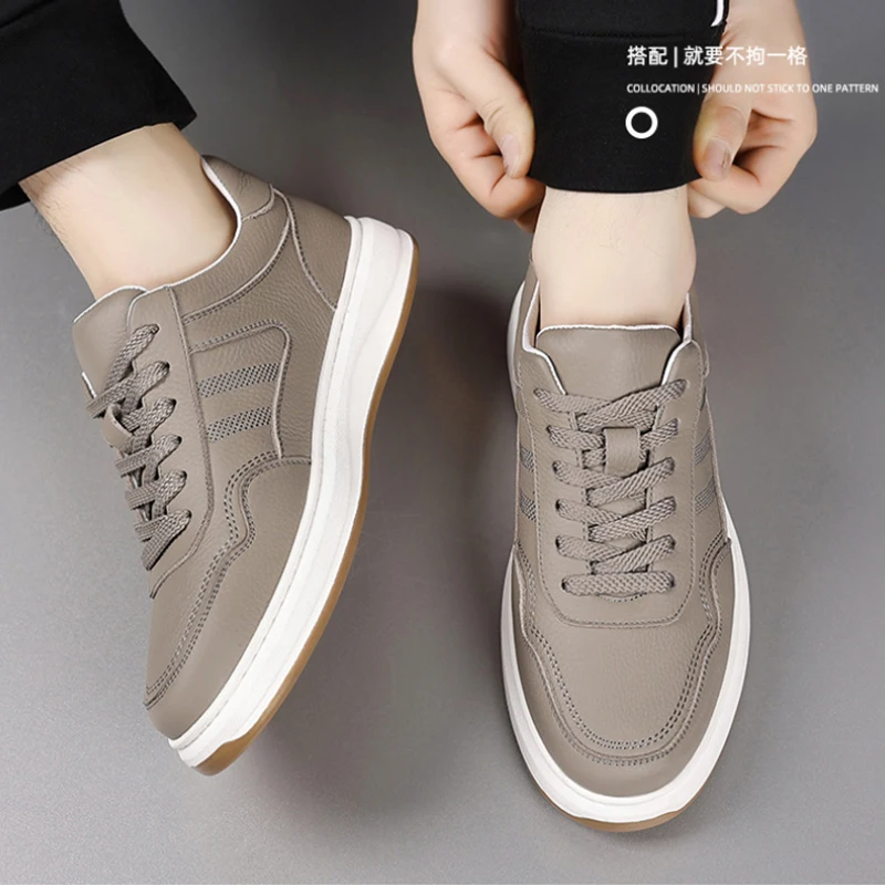 

Mens Grey Genuine Leather Slip On Casual Sneakers Elastic Lace Comfortable Low Top Shoes For Business Daily Street Style