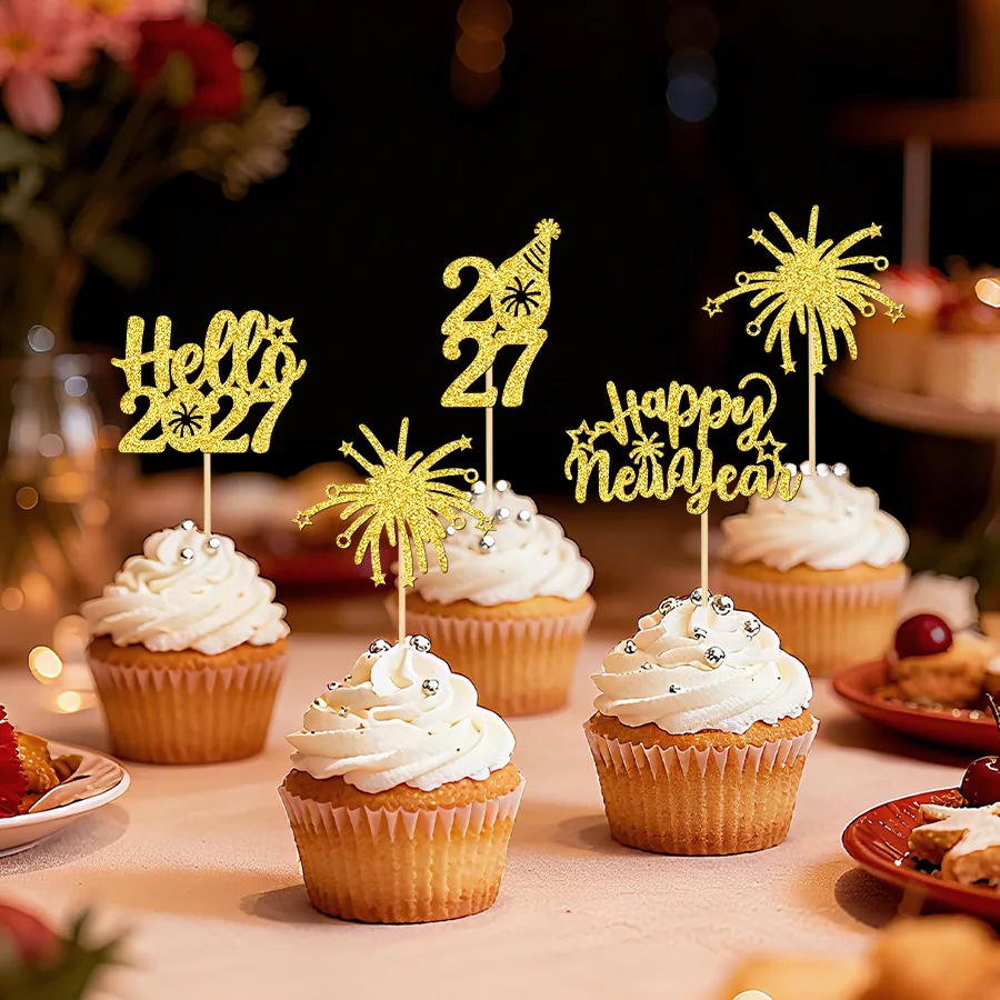 YOMDID 24Pcs Happy New Year Cupcake Toppers New Year Cupcake Toppers Firework Pattern Cupcake Topper Hello Cupcake Picks - view 4