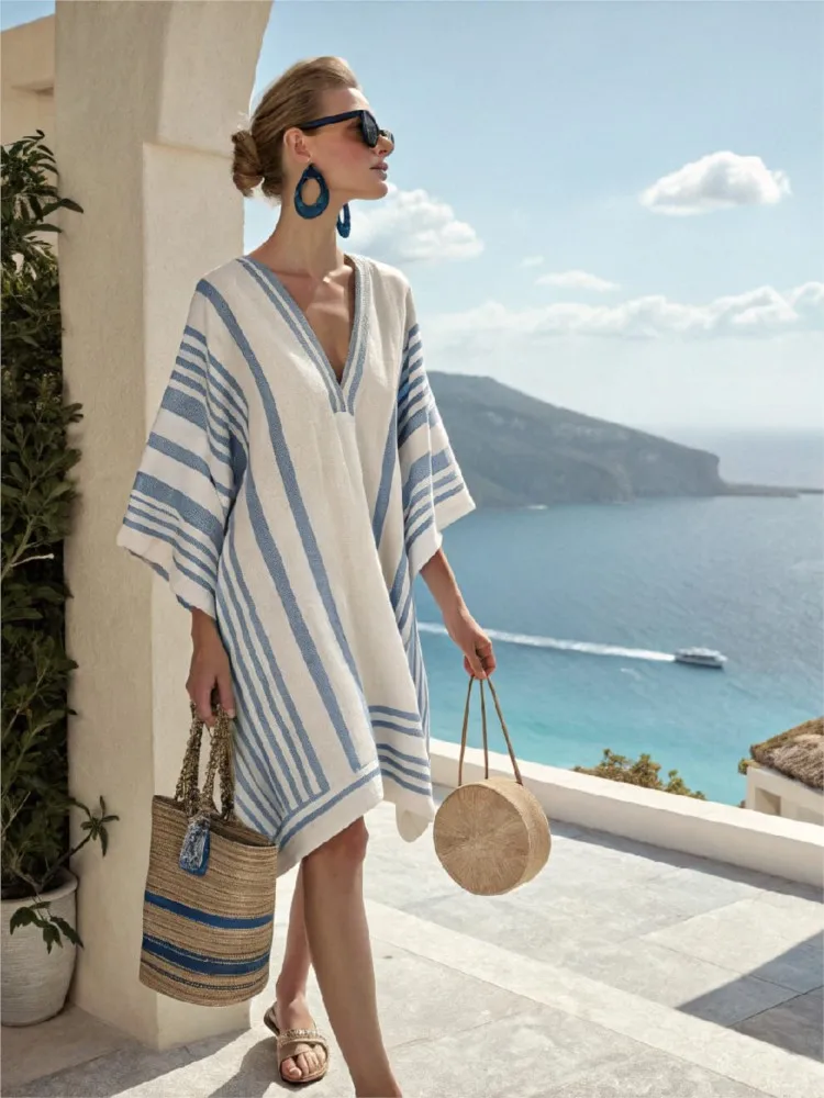 

Summer Vintage Stripes Printed Loose Midi Dresses Women Sexy V-neck Short Sleeve Dress Casual Vacation Beach Dress 2025 New