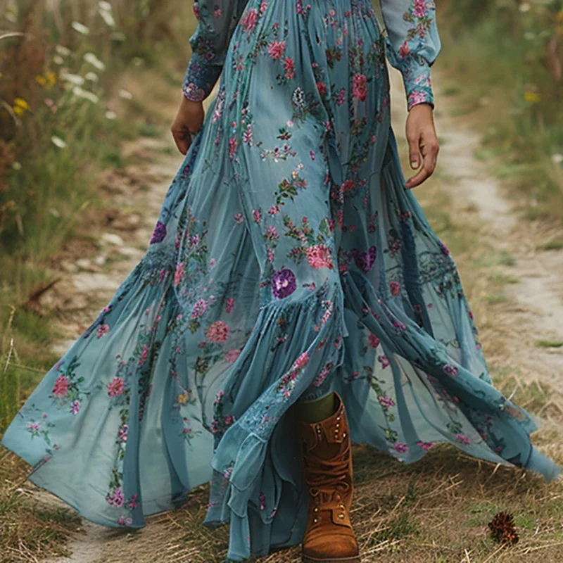 Sexy V Neck Elastic Waist Long Dress Ethnic Fashion Floral Print Vintage Dress for Women Spring Fall Long Sleeve Boho Maxi Dress