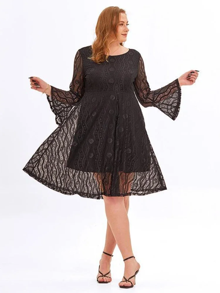 Lace Dresses for Women O Neck See Through Flare Sleeves A Line Knee-Length Elegant Lady Evening Party Club Black Plus Size Gowns