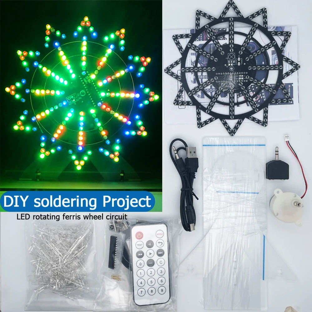 Kit Elektronik DIY LED Kit Solder Pembelajaran Sirkuit Kincir Ria Berputar 16 Macam Mode Berkedip Remote Control (Tidak Dirakit