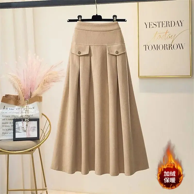 Thick Temperament Skirts Autumn Winter All-match Elastic Waist Solid Color A-line Skirt Women's Elegant Simplicity Fleece Skirt