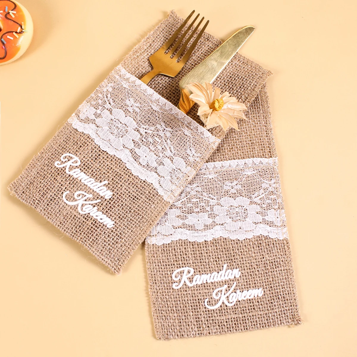 5 قطعة الخيش الدانتيل أدوات المائدة حامل الأكياس حقيبة أدوات المائدة الزفاف لوازم الحفلات هسه ريفي الجوت الجدول اكسسوارات الديكور #4