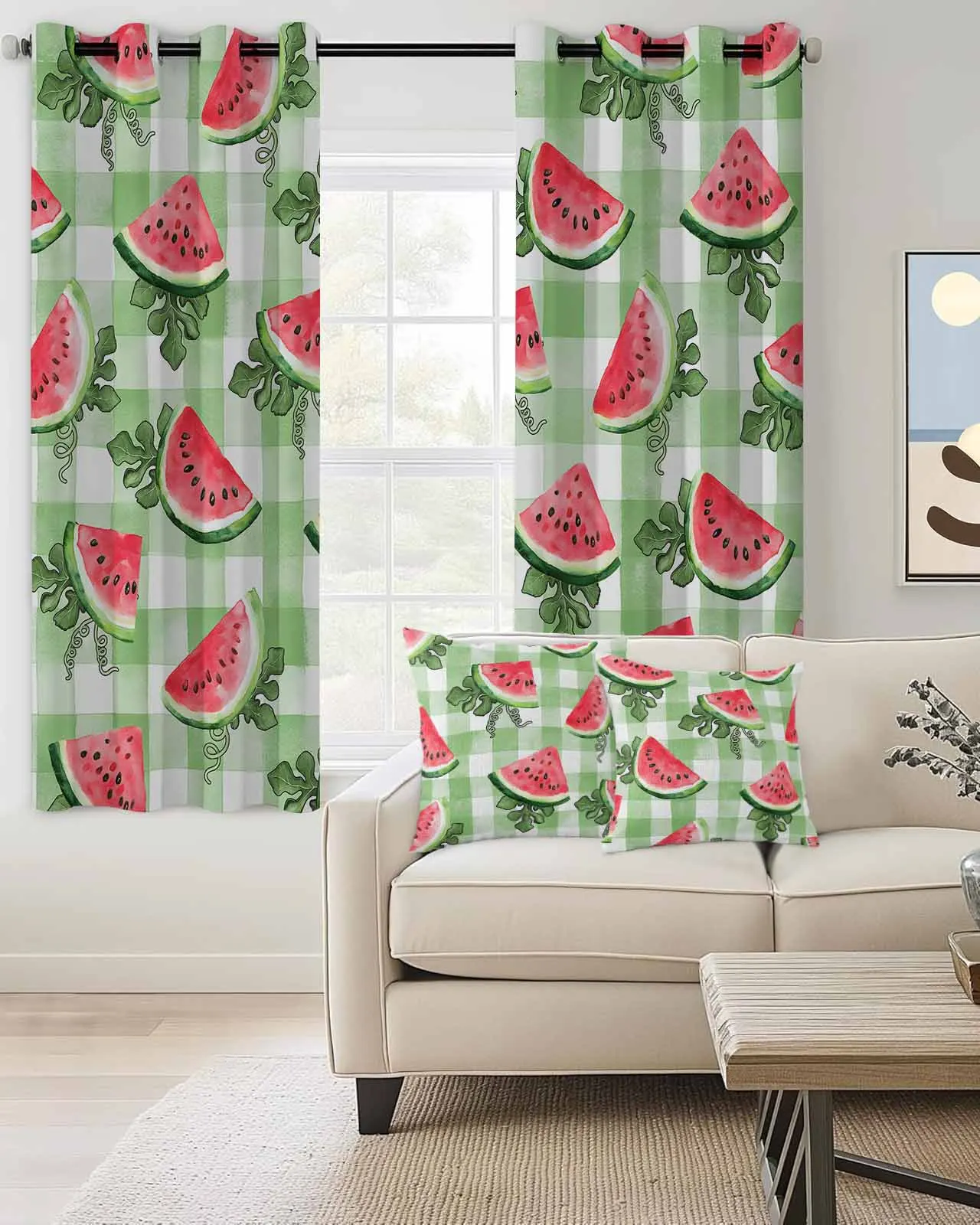 

Summer Plaid Watermelon Watercolor Foliage Art Grommet Window Blackout Curtains Drapes For Living Room Home Decor