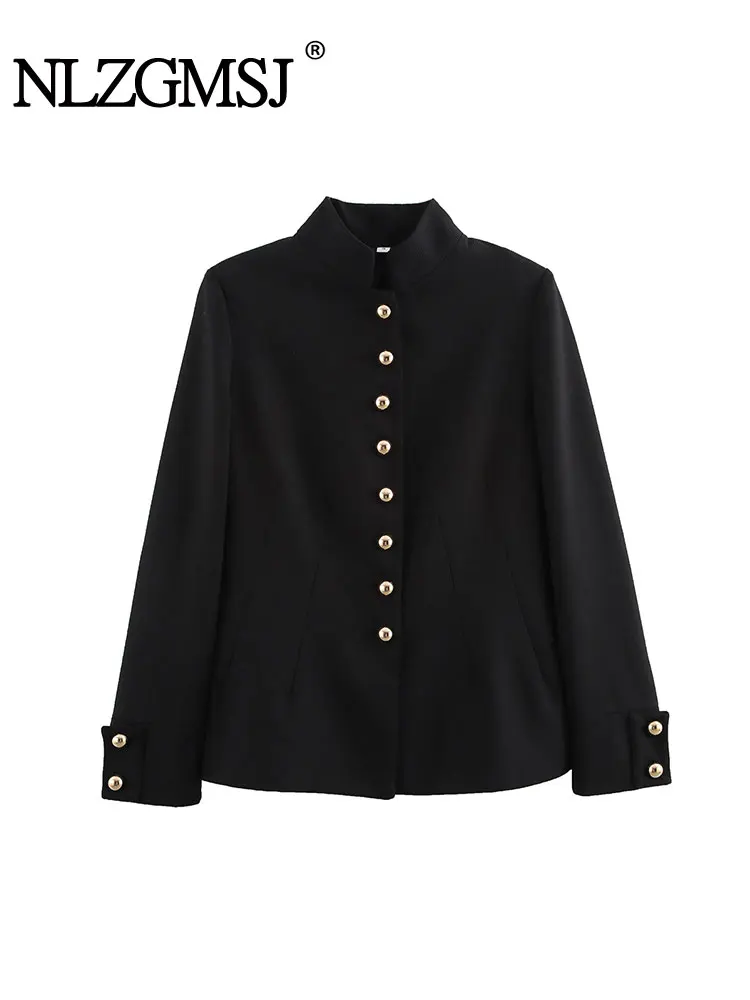 

NLZGMSJ Vintage Chic Jackets Women Long Sleeve Pockets Gold Buttons Coats Fashion 2025 Autumn Office Wear Coat