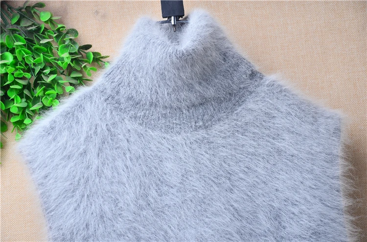 04 Ladies Women Fall Winter Clothing Grey Mink Cashmere Knitted Split Turtleneck Slim Blouses Pullover Long Sweater Dress Vest