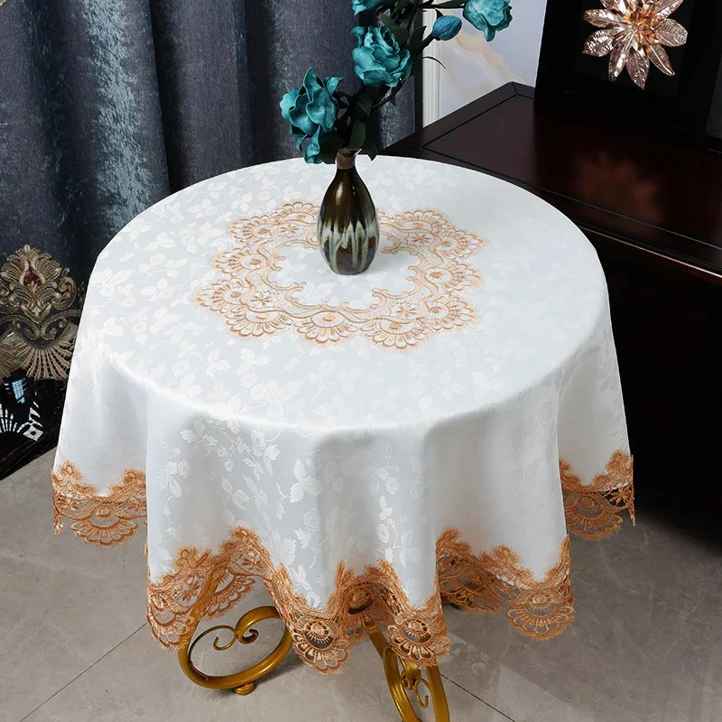 

European style table cover embroidered tablecloth, home dust cover circular tablecloth white household lace