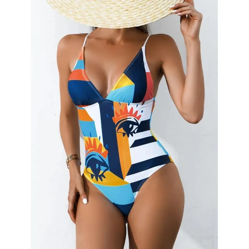 Women\'s Swimsuit 2022 New One Piece Patchwork Color Sexy Vintage Retro Print Plus Size Swimwear Tummy Control Bathing Suit