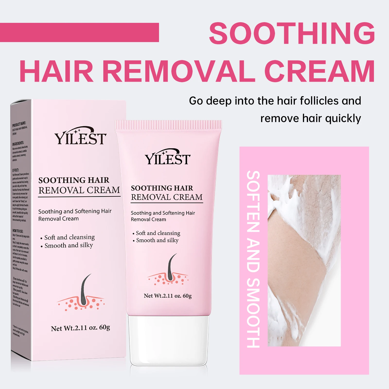 

YILEST Soothing Hair Removal Cream 60g - Gentle & Fast Hair Remover for Smooth Skin with Aloe Vera & Shea Butter