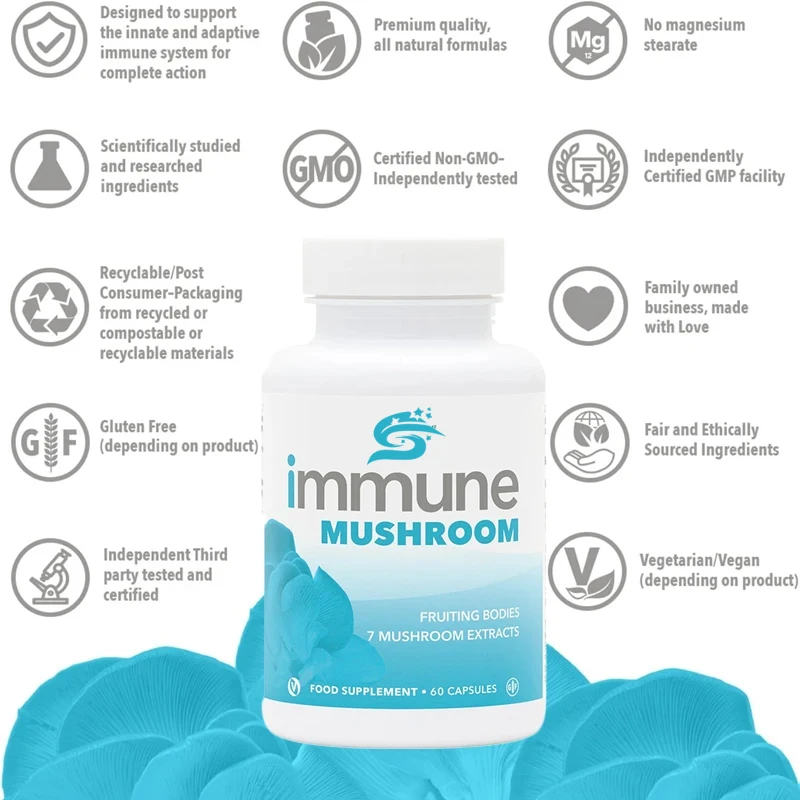 Immune Mushroom -60 Capsules - From Seven Different Mushrooms - Providing Micronutrients - Pure And Gluten Free