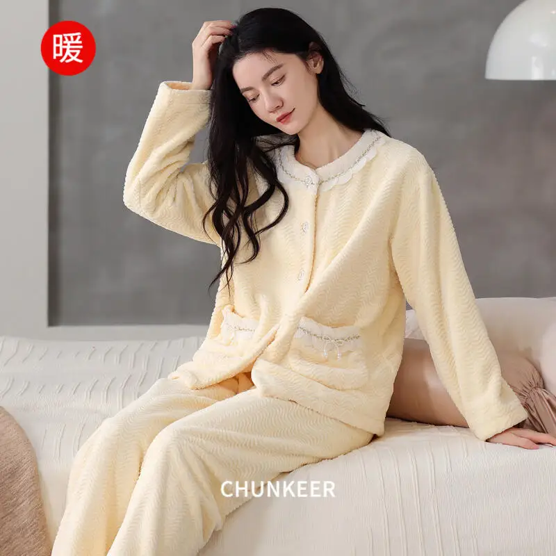

Girl Student Pajamas Cardigan Homewear Pajamas Thickened Flannel Women's Sleepwear Autumn Winter Keep Warm Nightgown Outerwear