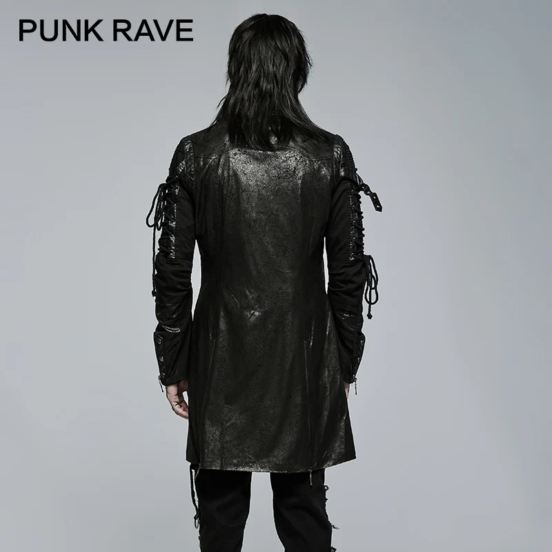 PUNK RAVE Men\'s Punk Style Military Jackets Faux Leather Slit Unisex Gothic Retro Men Long Coats Autumn Winter Black & Red