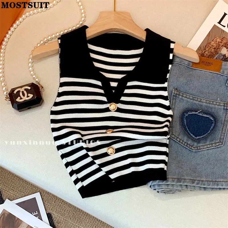 2023 Summer Striped Slim Knit Vests Women's Pullover Knitwear Sleeveless Korean Sexy Streetwear Ladies Crop Tops Jumpers