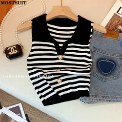 2023 Zomer Gestreepte Slim Gebreide Vesten Vrouwen Trui Truien Mouwloze Koreaanse Sexy Streetwear Dames Crop Tops Jumpers