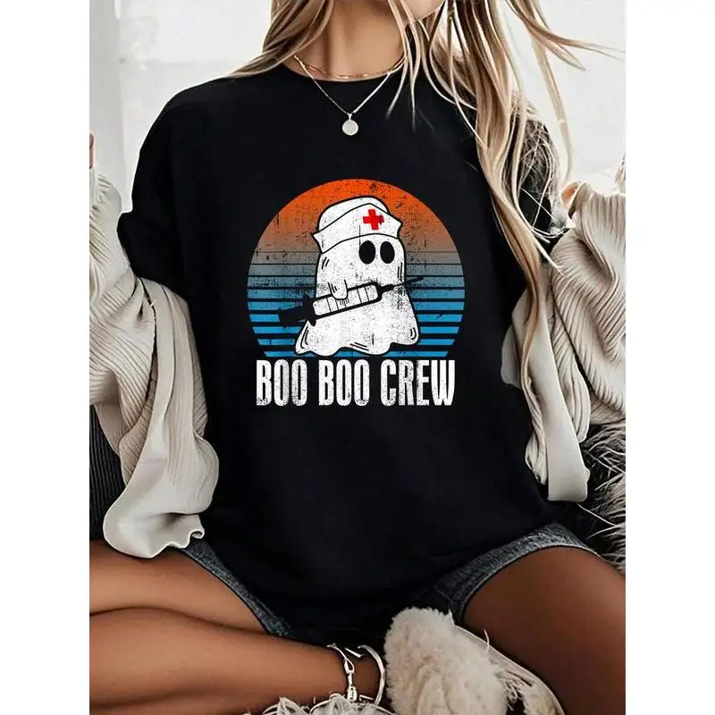 

Halloween Nurse Boo Boo Crew T-shirt Funny Ghost Holding Syringe Graphic Tee, Spooky Season Short Sleeve Top for Women Men