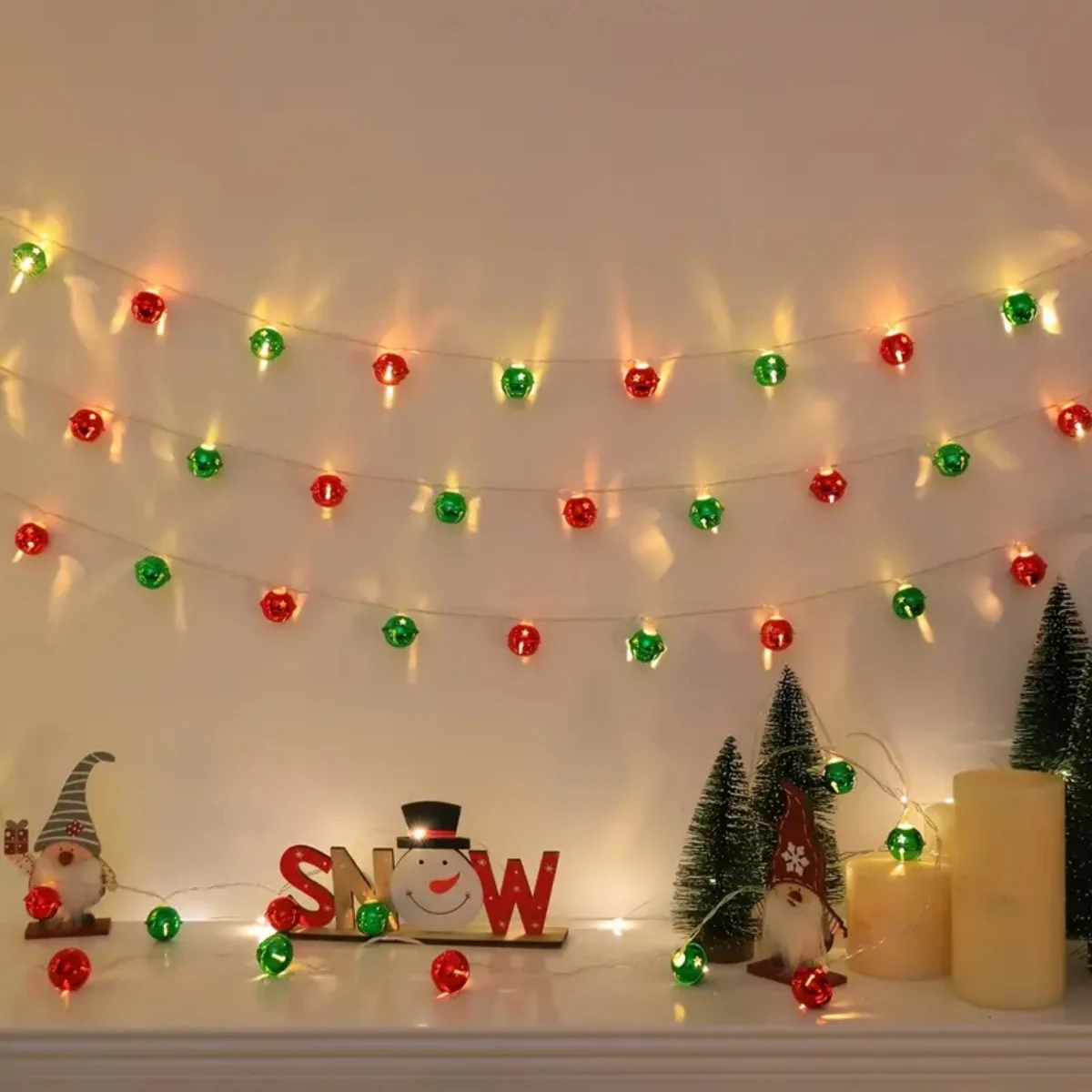 1pc Christmas Red Green Bells String Lights Hanging Garland Decorative Lamp Battery Powered For Home Bedroom Fireplace Decor
