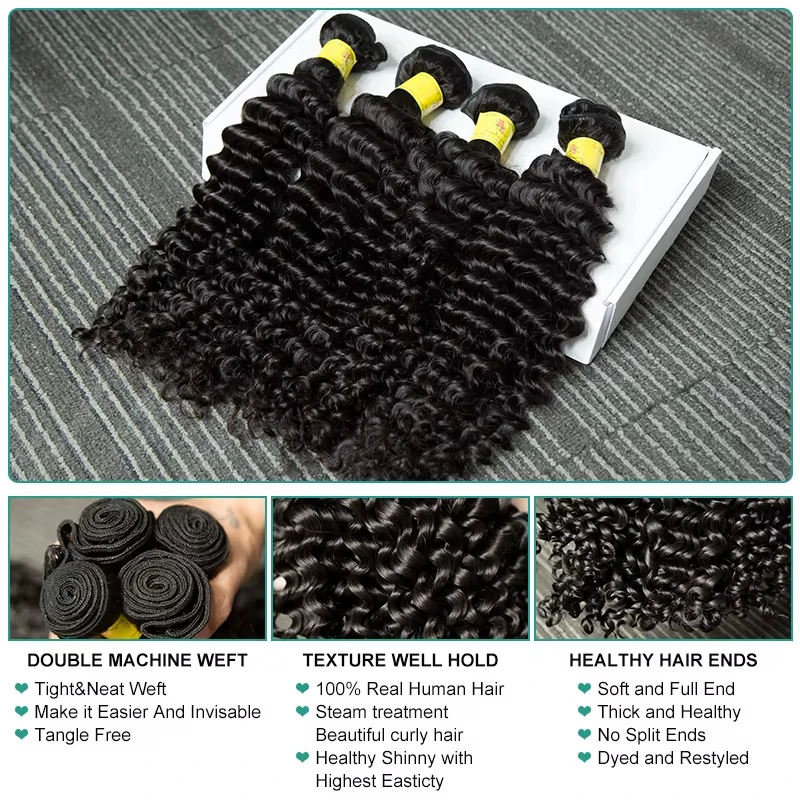 Paket Rambut Manusia Deep Wave 30 32 Inch Remy Mentah Tanpa Proses 100% Rambut Manusia Water Curly Wave Extension 3 Bundel