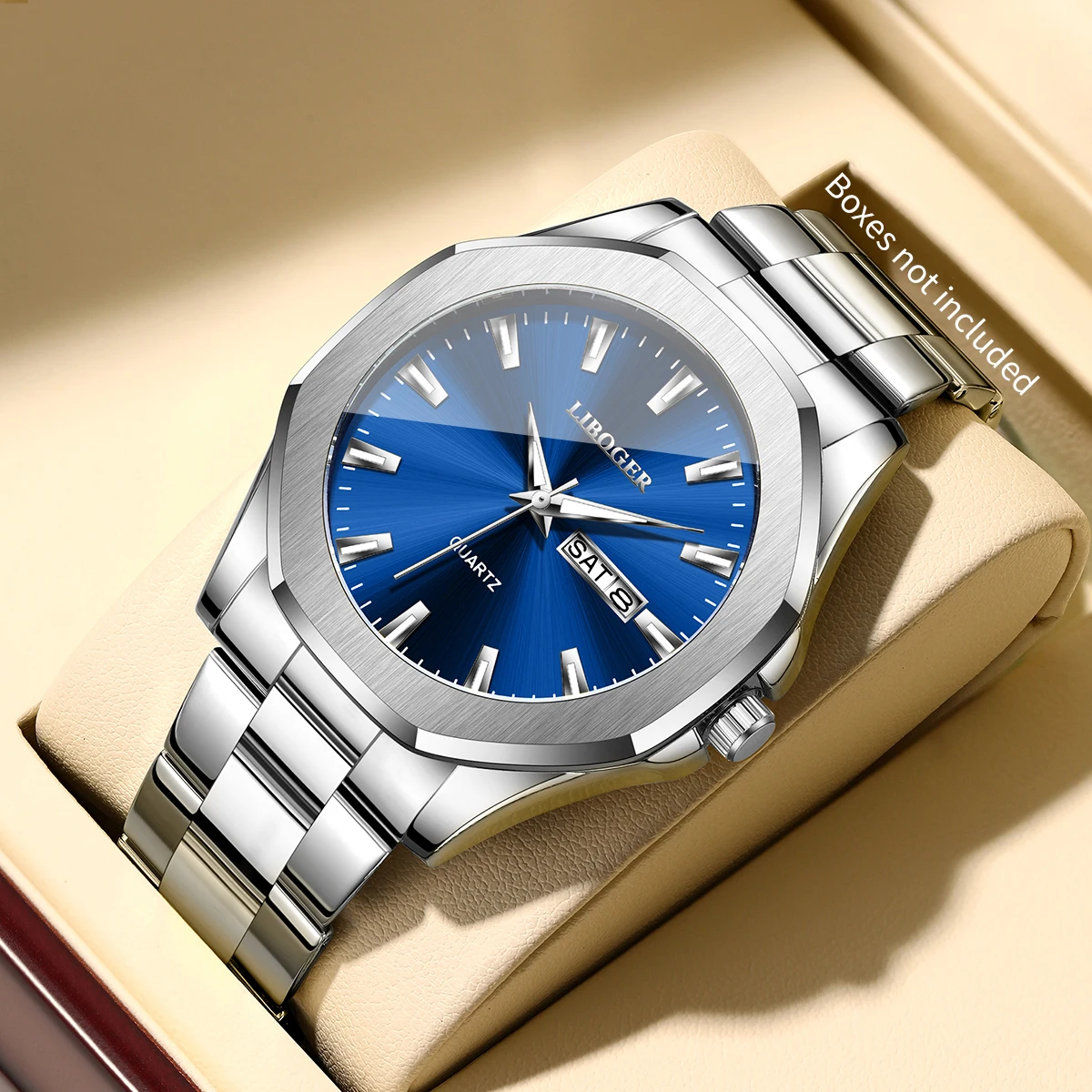 Luxus-Herrenuhr, blaues Zifferblatt, Edelstahl, Kalender, Quarz-Armbanduhr, Herren-Business-Uhr, Relogio Masculino (ohne Box)