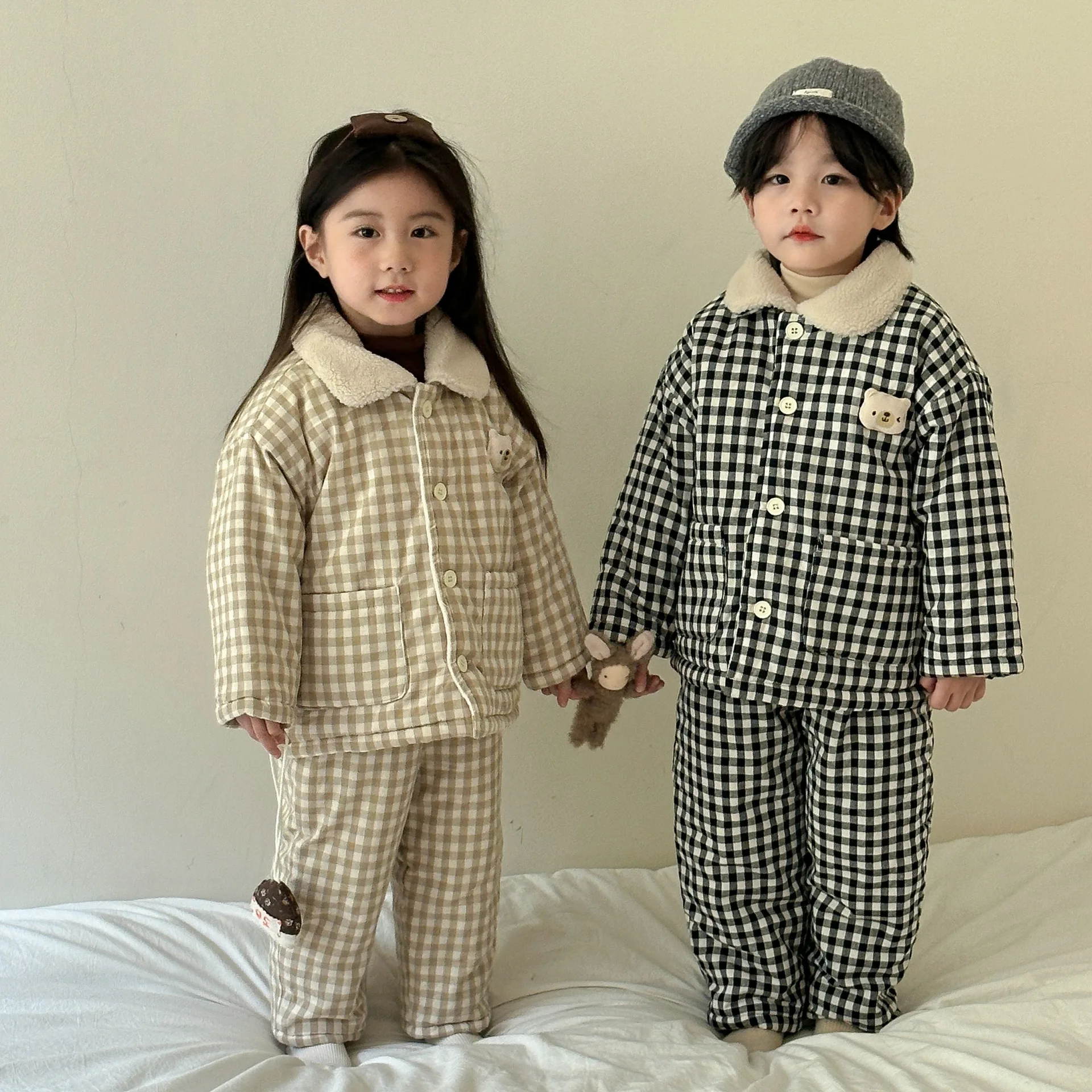 Children's Pajamas Suit 2025 Winter New Thickened Warm Baby Boy's Suit Plus Velvet Coat+Pant Home Two Piece Suit