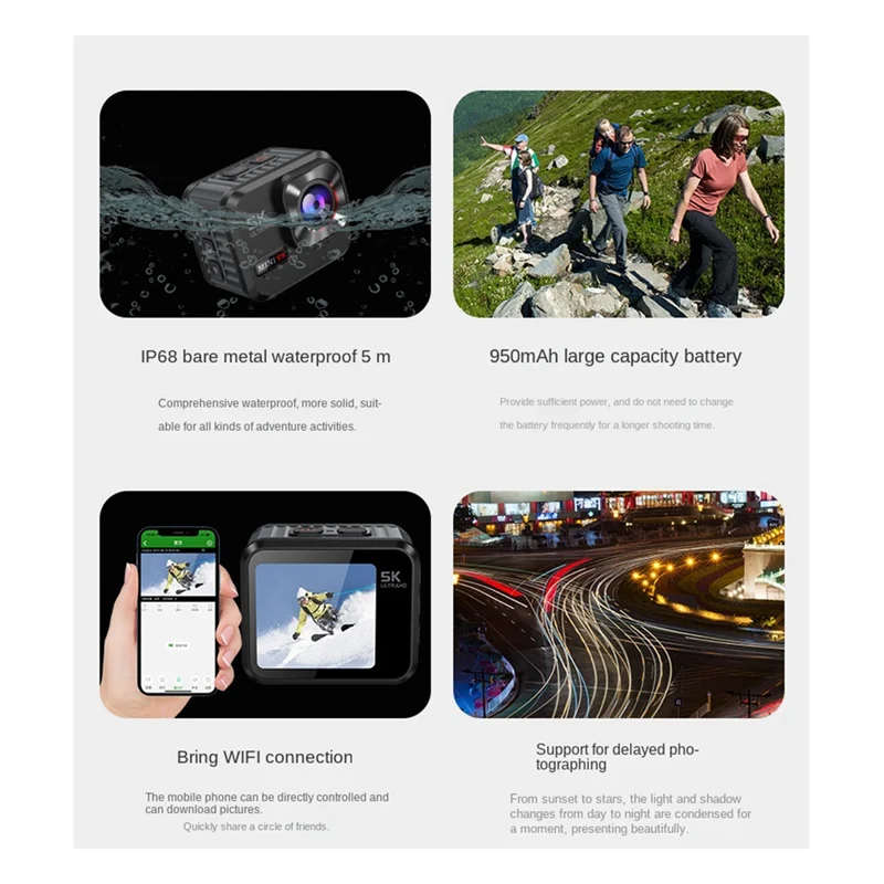 كاميرا الحركة المحمولة 5K 30FPS مع شاشة Wifi 1.54 بوصة 160 °   مسجل فيديو ذو زاوية واسعة LP68 مقاوم للماء
