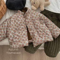 Korean Vintage Cotton Girls Parkas Floral Single Breasted Kid Jacket Toddler Girl Outerwear Winter Coats Children's Clothing