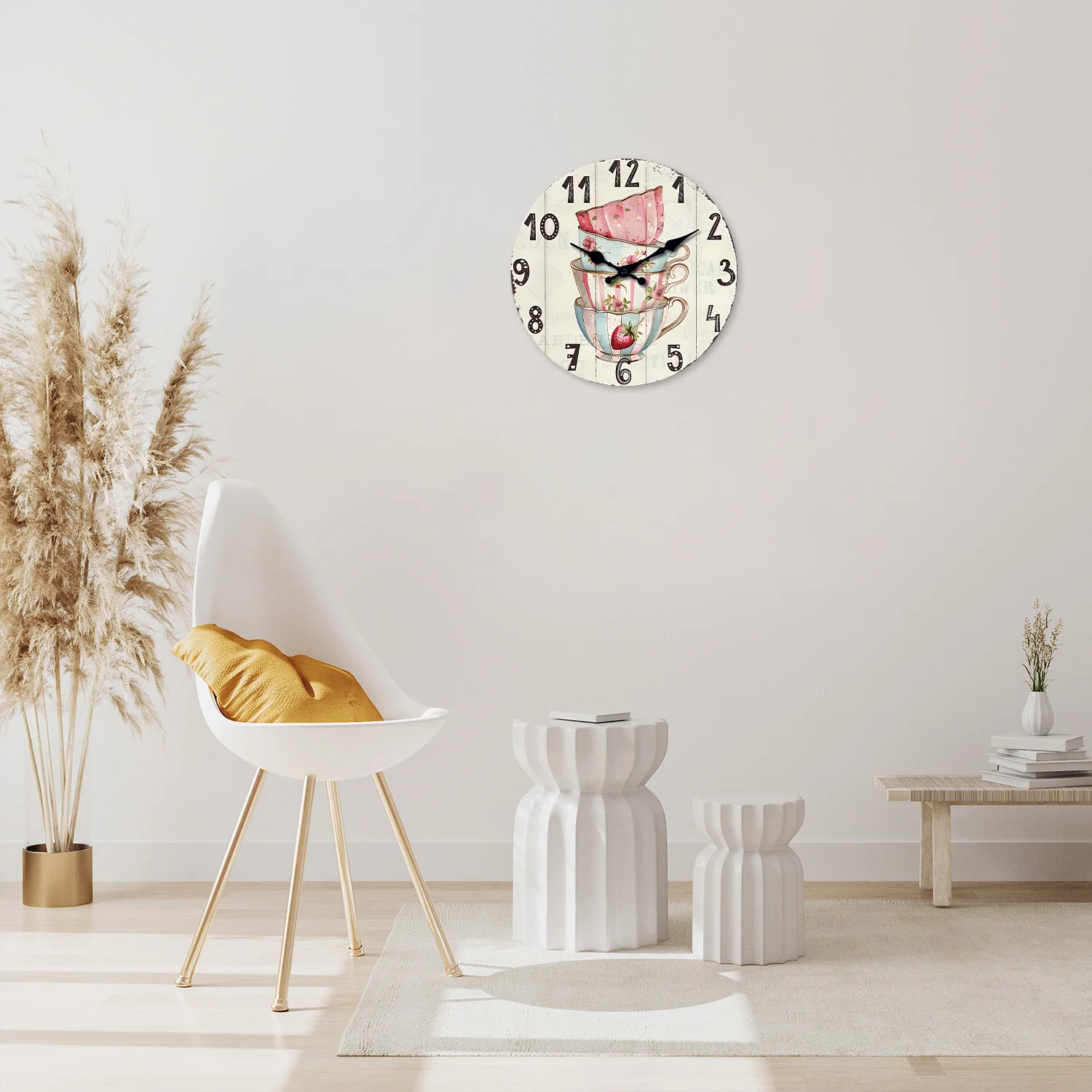 Retro Colorful Floral Teacup Pattern Wooden Wall Clock for Living Room, Bedroom, Kitchen, Home Decoration, Silent Quartz Clock, Holiday Gift, 10 Inches, 12 Inches, 14inch, 16inch (Battery Not Included)
