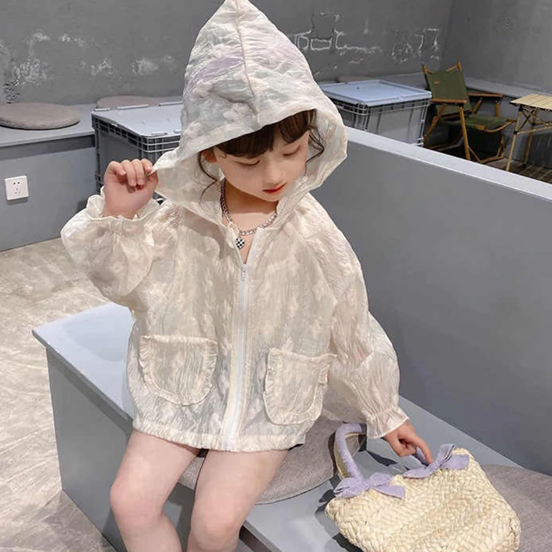 Summer Baby Vacation Beach Jacket Children's Air Conditioning Shirt Girls' Lightweight Breathable Lace Hooded Sunscreen Clothes