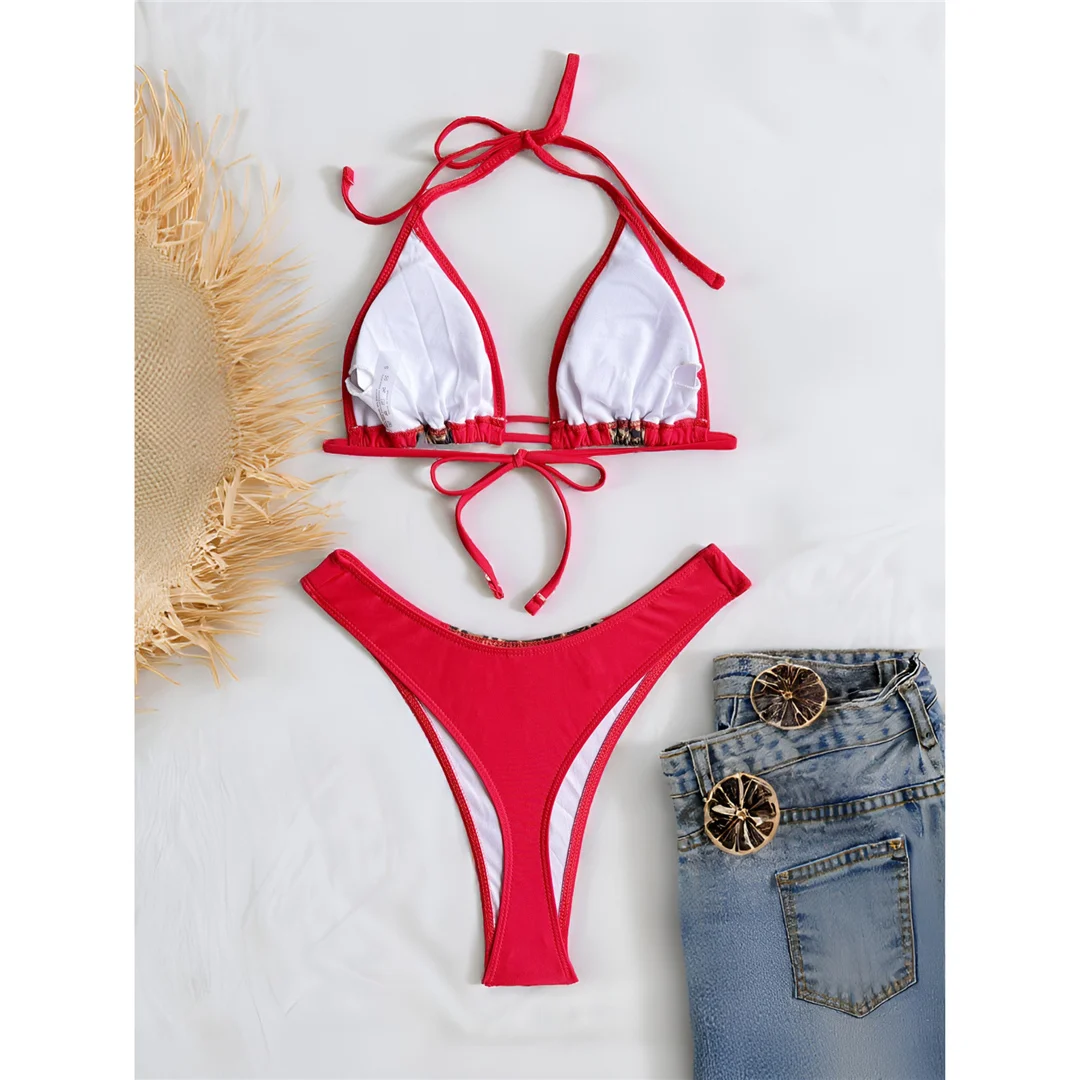 S - XL, Bikini mit Leopardenmuster, Halterneck, Damen-Badeanzug, zweiteiliges Bikini-Set, gepolsterter Badeanzug, Badebekleidung, Modell V8015. – Detail 6