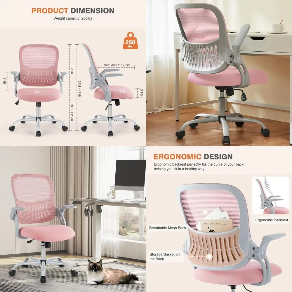 

Эргономичное офисное кресло с сетчатой спинкой, колесиками, удобной поясничной опорой и откидными подлокотниками, идеально подходит для домашнего офиса, учебы и