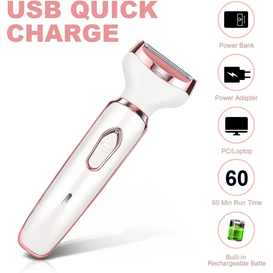 4 in 1 Rechargeable Electric Razor for Women Face, Nose, Legs, Underarm, Bikini Trimmer - Wet & Dry, Painless Grooming Kit
