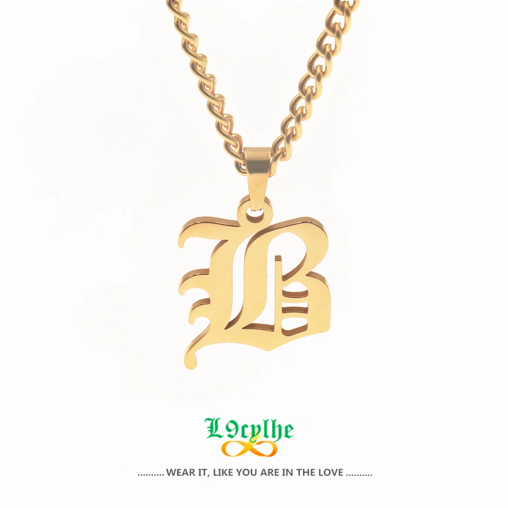 A-Z Initial Necklace Curb Chain Old English Letter Pendant Necklace Gothic Jewelry BFF Women Men Stainless Steel Alphabet Choker