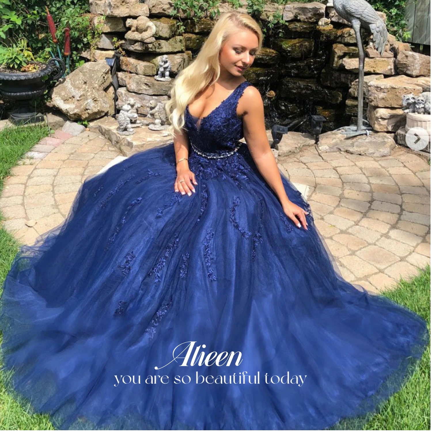 Aileen Graduation Dress Party Evening elegante Luxury Celebrity Navy Blue Mesh Dresses for Prom Dress Women V Collar Line A 2024