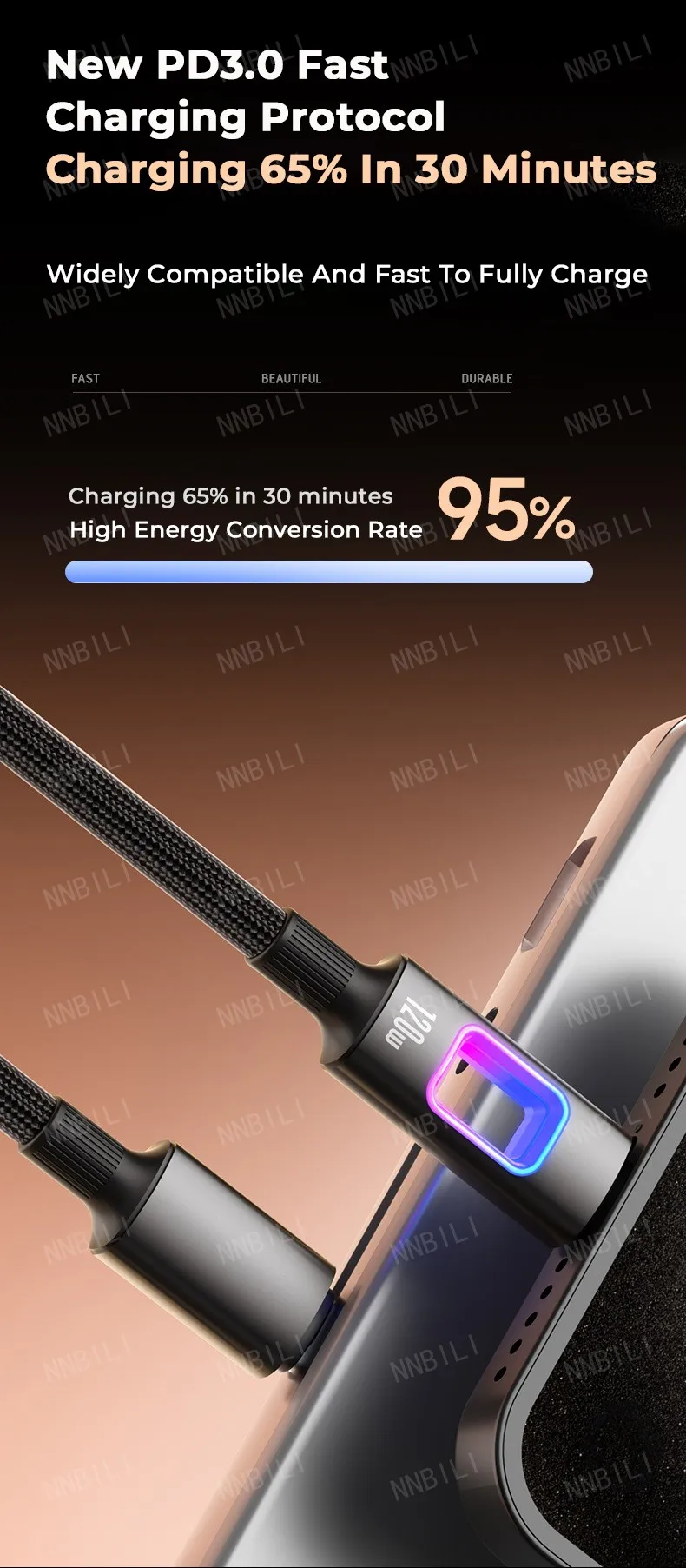 NNBILI Dual Type C 120W USB A to Type C Fast Charging Data Cord Type-C Quick Charging for Huawei MacBook iPad iPhone 18 17 Honor