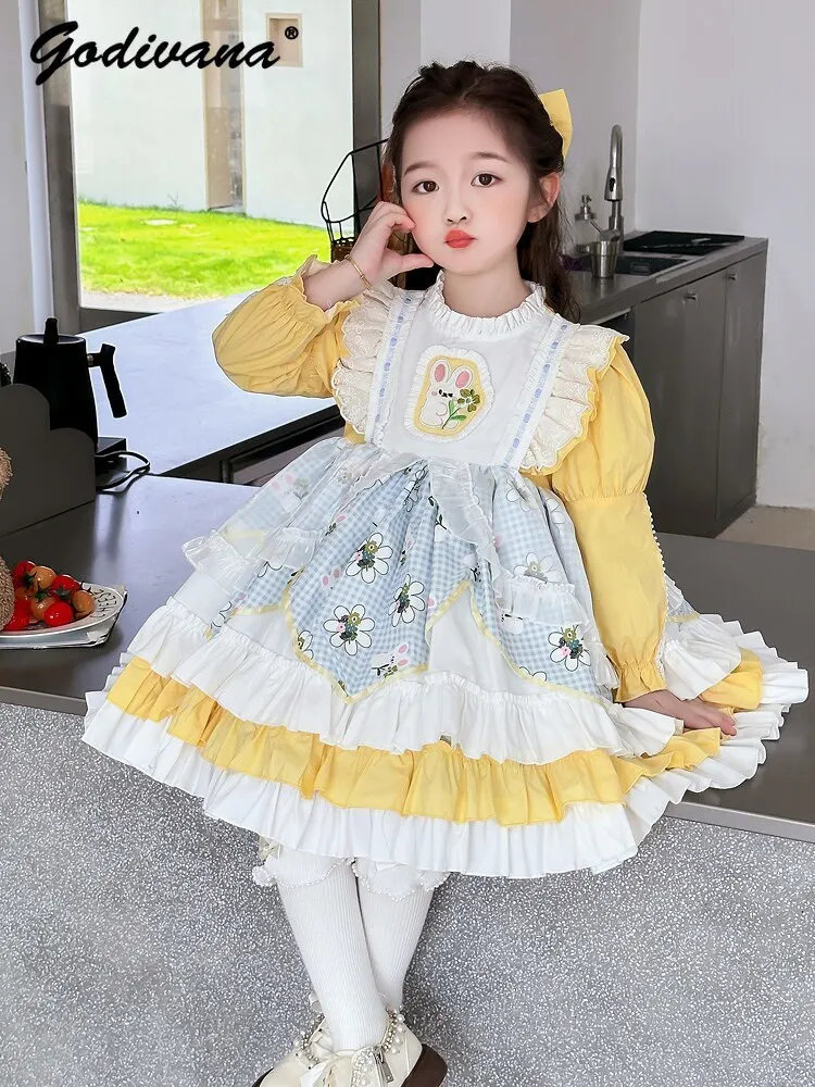 Sweet Baby Girls 2026 Spring and Autumn New Lolita Princess Dress Kids Pastoral Floral Mesh Patchwork Ruffle Trim Tutu Dress