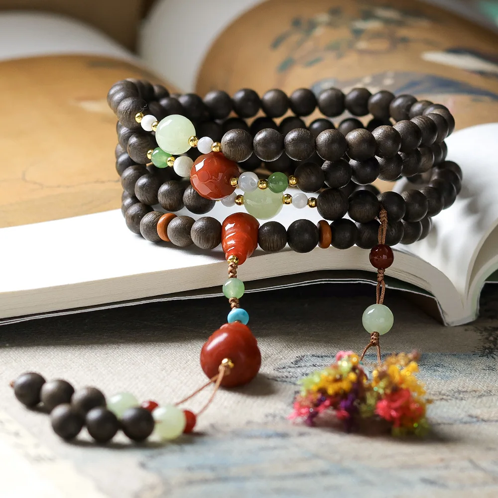 

White Agarwood Multi-Strand Prayer Bead Bracelet with South Red Agate Pixiu Figurine New Chinese-Style Necklace for Women