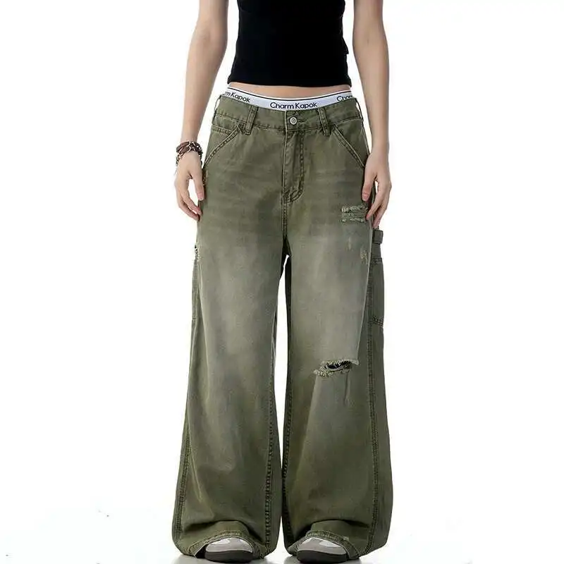 

Джинсовые винтажные мужские брюки, новые летние стильные джинсы с рваными дырками, мужские потертые широкие брюки в американском стиле PXI8