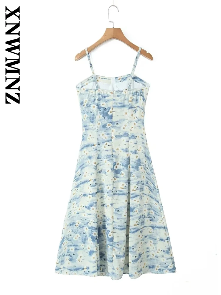 XNWMNZ 2024 Autumn New Woman's Party Sleeveless Slip dress Top Casual Female slash neck Collar Dresses Print Midi Skirt Ruffles