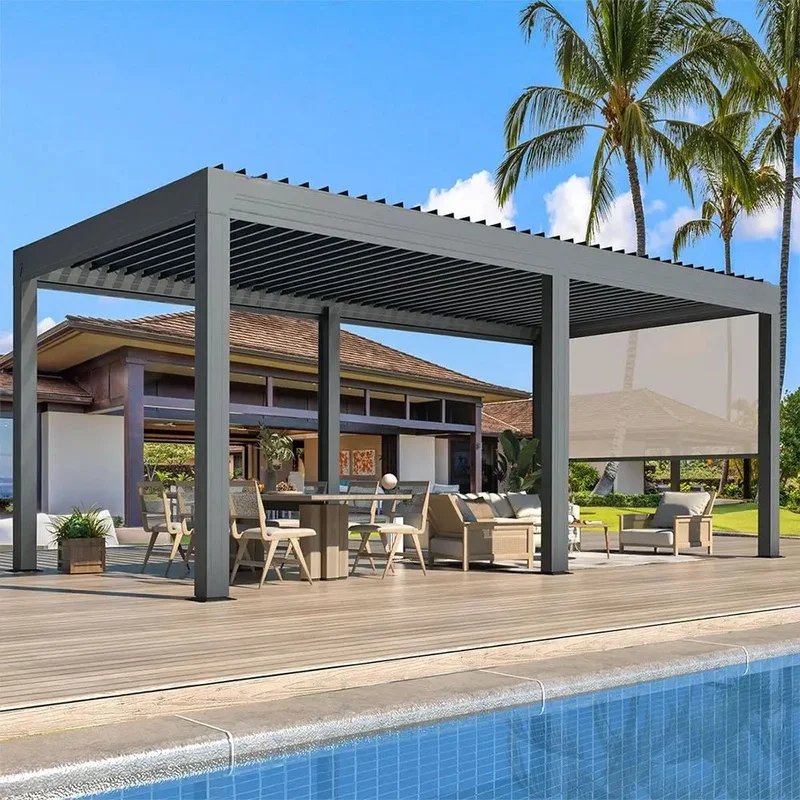 Aluminum Louver Pergola Retractable Roof Patio Gazebo Waterproof Remote Control System Powder Coated Balcony