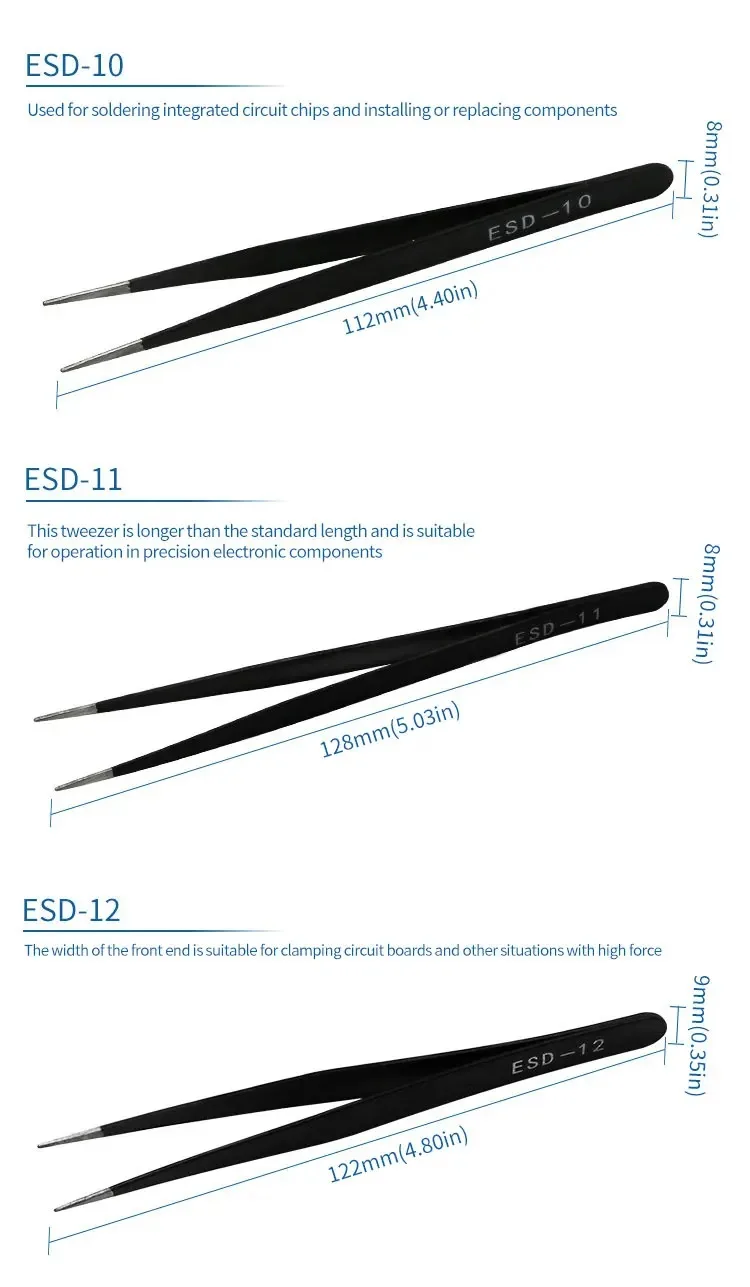 6-teiliges Präzisionspinzetten-Set, ESD, antistatisch, für die Elektronikreparatur, gerade, gebogen, Industriepinzette, Handwerk, Löten, Handwerkzeug – Detail 5