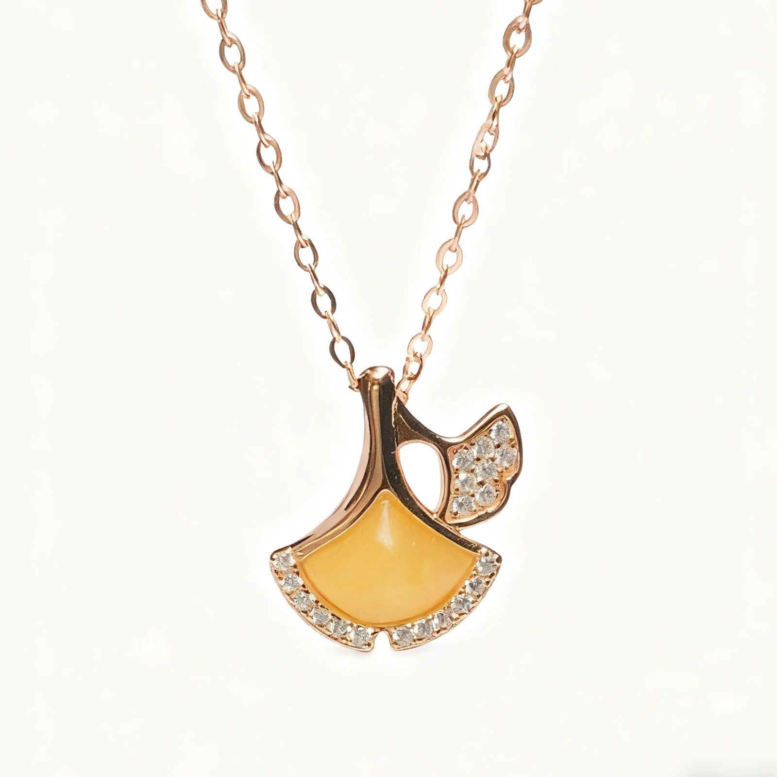 

Maple Leaf Love Pendant Necklace Women's 925 Sterling Silver Rose Gold Plated Natural Amber Bee Wax White Zircon Gift for Her