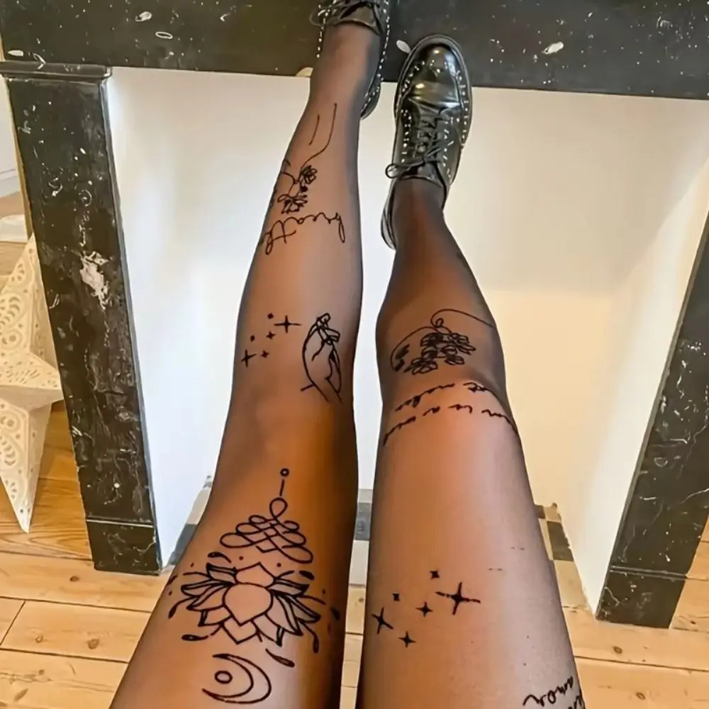 Sexy Flower Letter Tattoos Pantyhose Breathable Sheer Silk Stockings Elastic High-waisted Women Tights Daily Wear
