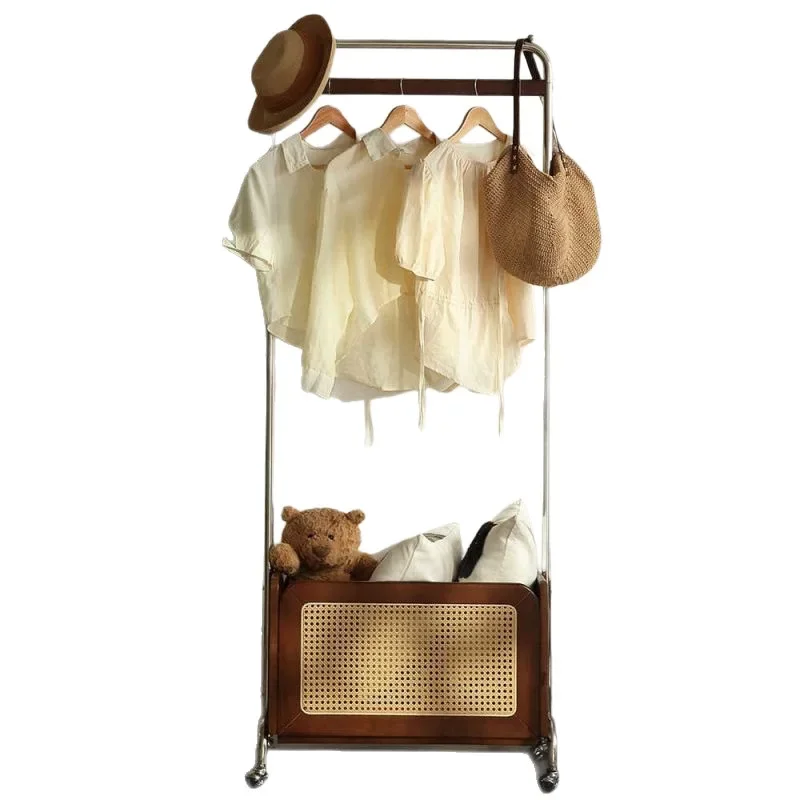 أرضية منزلي من الروطان، رف معطف وابي سابي من الفولاذ المقاوم للصدأ، شماعة متنقلة لغرفة النوم من الخشب الصلب، رف تخزين الملابس