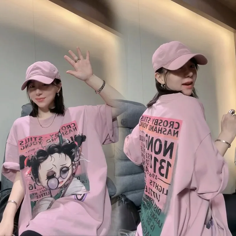 

Oversized cute girl printed salt-flavored fray-shaped loose versatile and youthful women's short-sleeved T-shirt