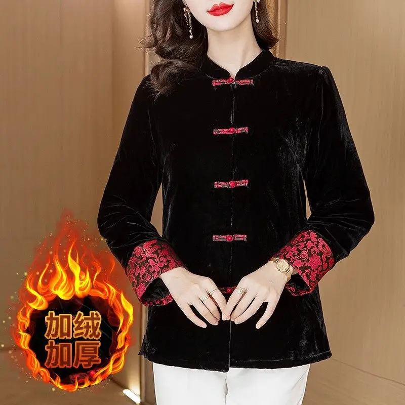 

Женская весенняя куртка из утолщенного шелкового бархата и хлопка 2025, традиционное пальто с воротником-стойкой в стиле Тан с разрезом, термоG549
