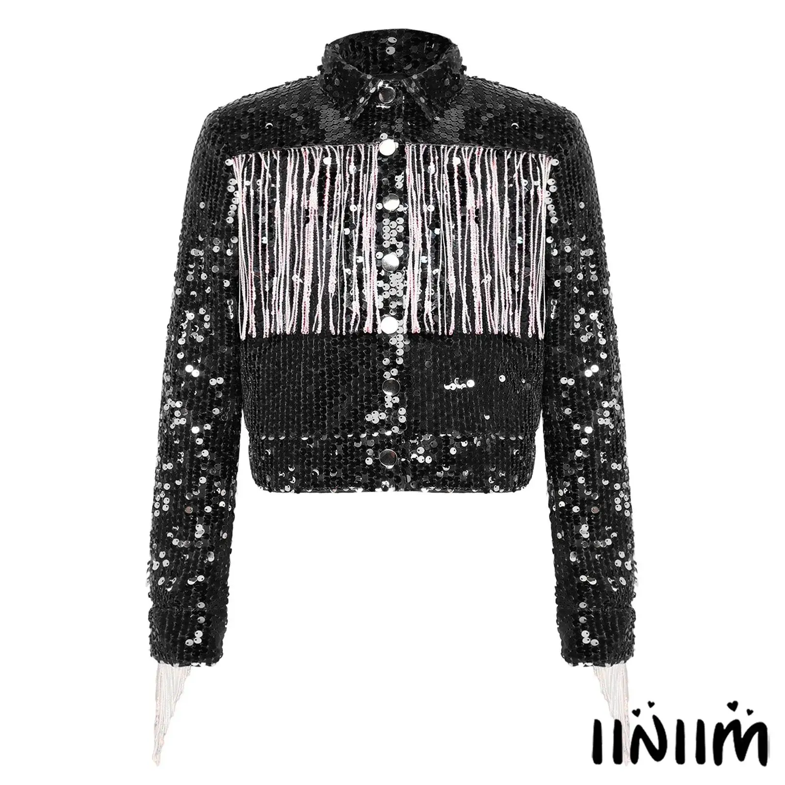 

Kids Girls Allover Sequin Fringed Blazer Crop Jacket Lapel Tassel Pressing Button Sparkly Outerwear for Jazz Disco Dance Party